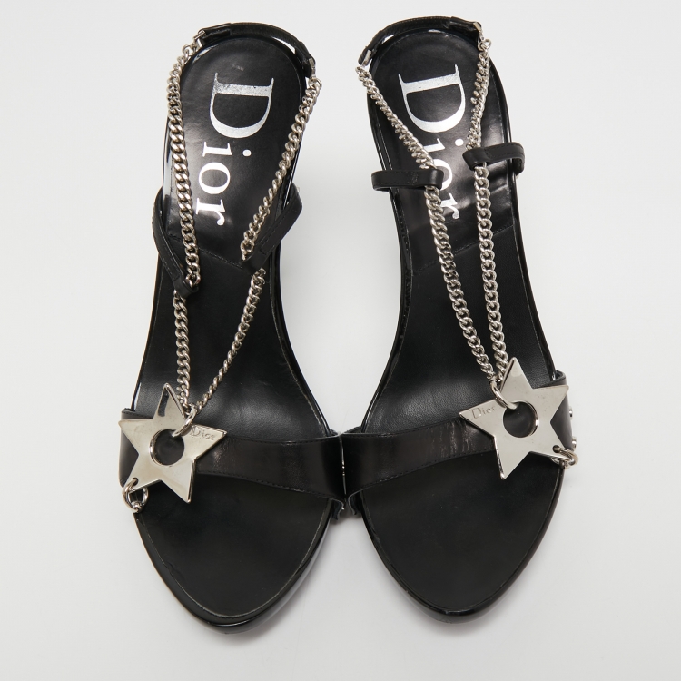 Pre Owned Dior Black Leather Star Embellished Chain Slingback Sandals Size 37