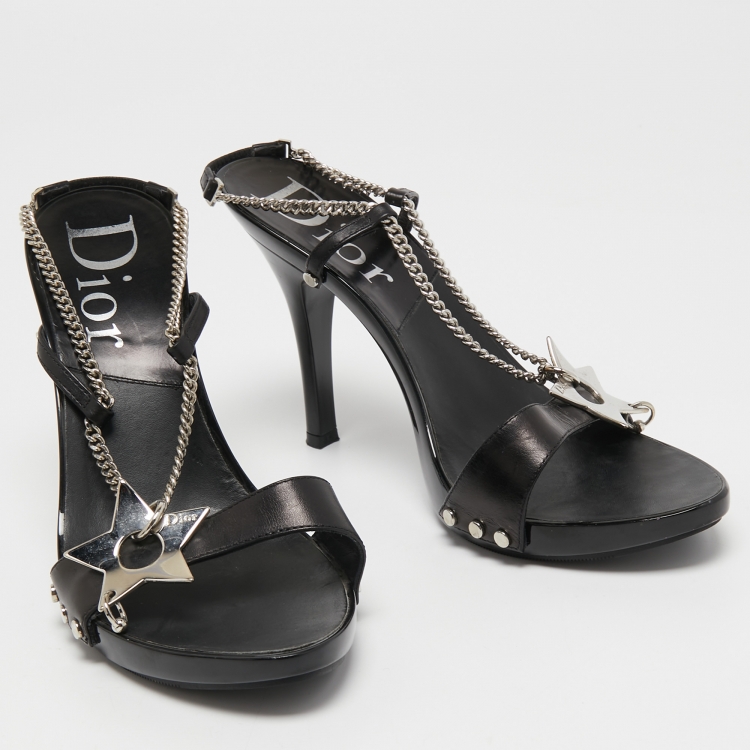 Pre Owned Dior Black Leather Star Embellished Chain Slingback Sandals Size 37