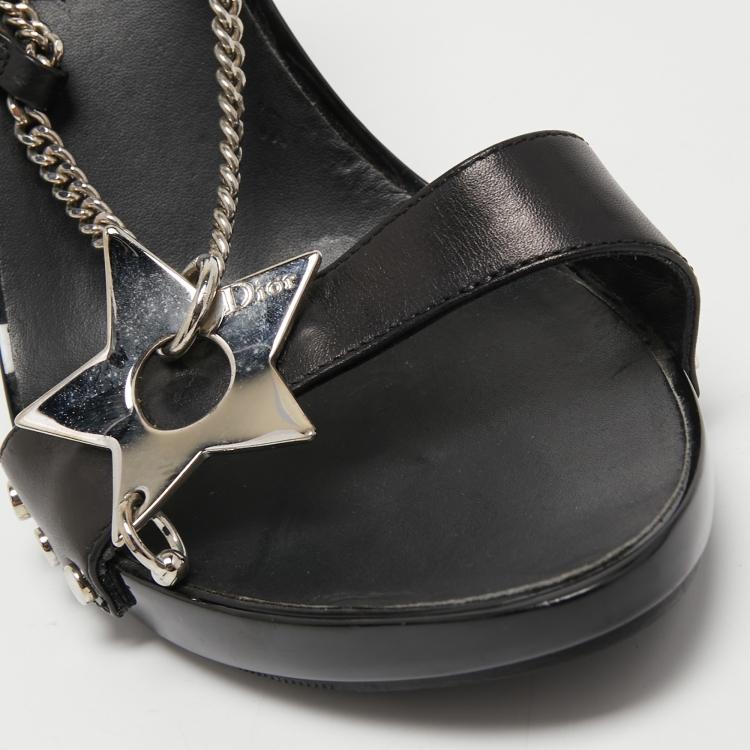 Pre Owned Dior Black Leather Star Embellished Chain Slingback Sandals Size 37