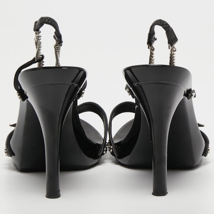 Pre Owned Dior Black Leather Star Embellished Chain Slingback Sandals Size 37
