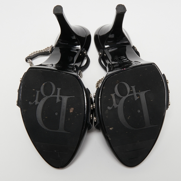 Pre Owned Dior Black Leather Star Embellished Chain Slingback Sandals Size 37