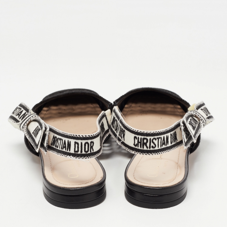 Pre Owned Dior Black Cannage Embroidered Fabric Moi Slingback Flats Size 37.5