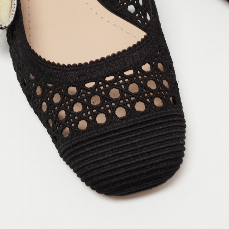 Pre Owned Dior Black Cannage Embroidered Fabric Moi Slingback Flats Size 37.5