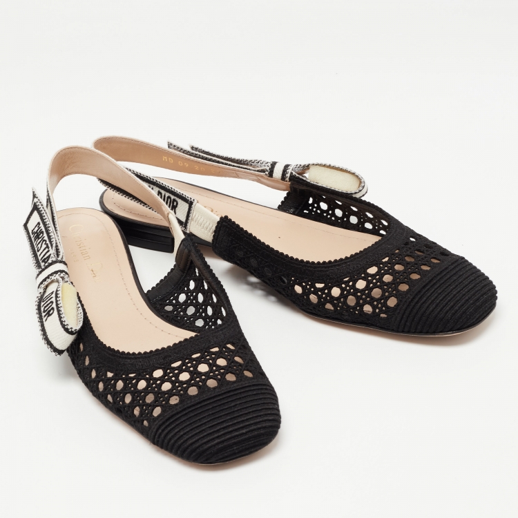 Pre Owned Dior Black Cannage Embroidered Fabric Moi Slingback Flats Size 37.5