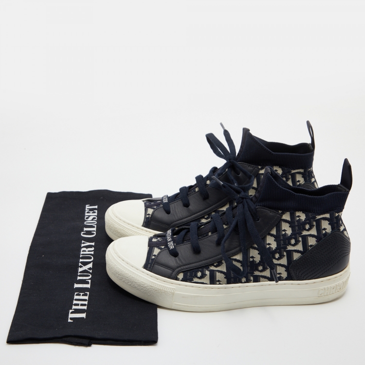 Pre Owned Dior Blue/White Knit and Leather Walk'n'Dior High-Top Sneakers Size 40