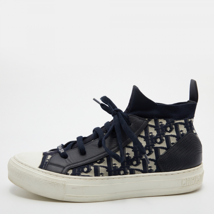Pre Owned Dior Blue/White Knit and Leather Walk'n'Dior High-Top Sneakers Size 40