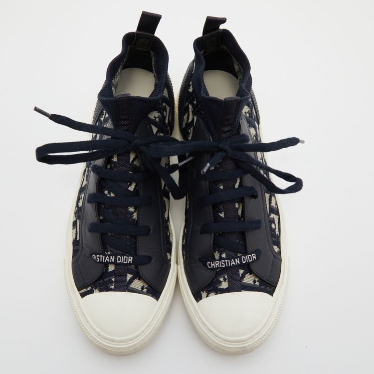 Pre Owned Dior Blue/White Knit and Leather Walk'n'Dior High-Top Sneakers Size 40
