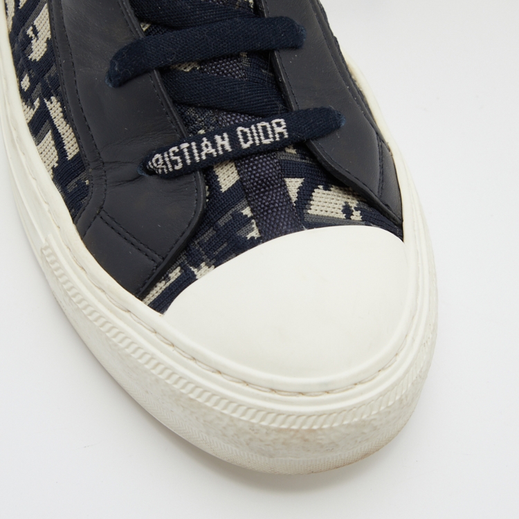Pre Owned Dior Blue/White Knit and Leather Walk'n'Dior High-Top Sneakers Size 40