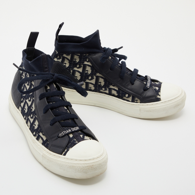 Pre Owned Dior Blue/White Knit and Leather Walk'n'Dior High-Top Sneakers Size 40