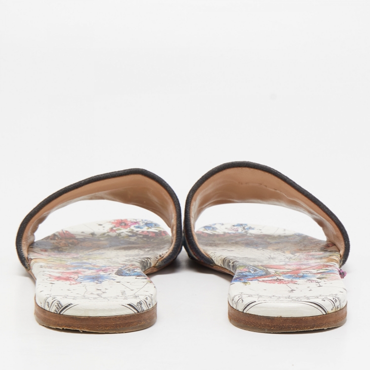 مملوكة مسبقًا Dior Tricolor Logo Embroidered Canvas Dway Flat Slides Size 38.5