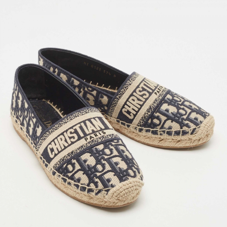 Pre Owned Dior Navy Blue/White Canvas Granville Espadrille Flats Size 37.5