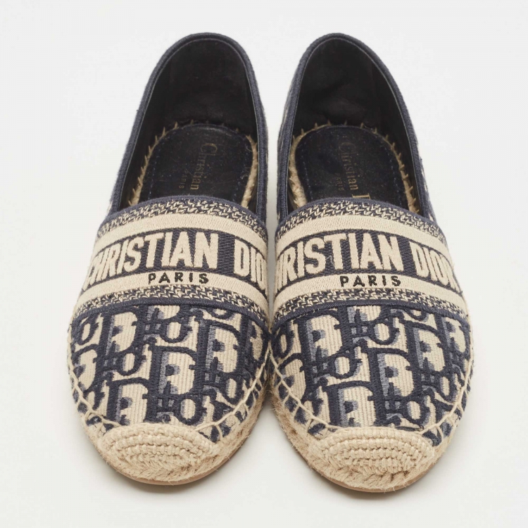 Pre Owned Dior Navy Blue/White Canvas Granville Espadrille Flats Size 37.5