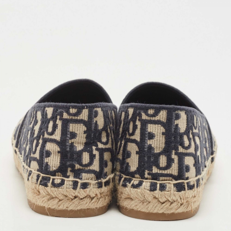 Pre Owned Dior Navy Blue/White Canvas Granville Espadrille Flats Size 37.5