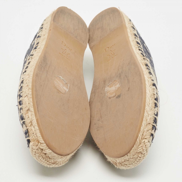 Pre Owned Dior Navy Blue/White Canvas Granville Espadrille Flats Size 37.5