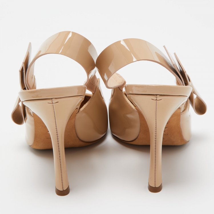 Pre Owned Dior Beige Patent Leather Bow Slingback Pumps Size 38.5