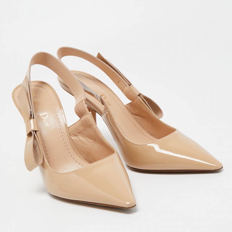 Pre Owned Dior Beige Patent Leather Bow Slingback Pumps Size 38.5