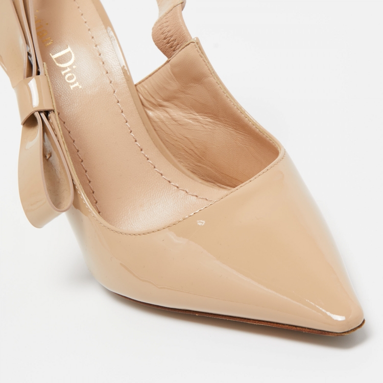 Pre Owned Dior Beige Patent Leather Bow Slingback Pumps Size 38.5