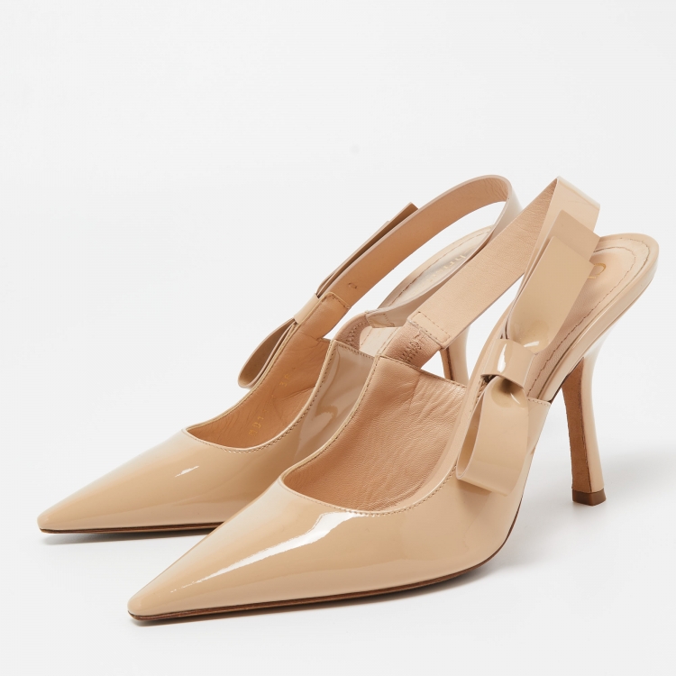 Pre Owned Dior Beige Patent Leather Bow Slingback Pumps Size 38.5
