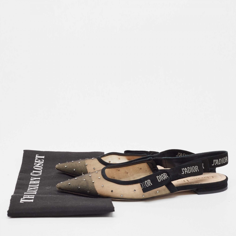 Pre Owned Dior Beige/Black Mesh and Suede J'Adior Slingback Flats Size 38