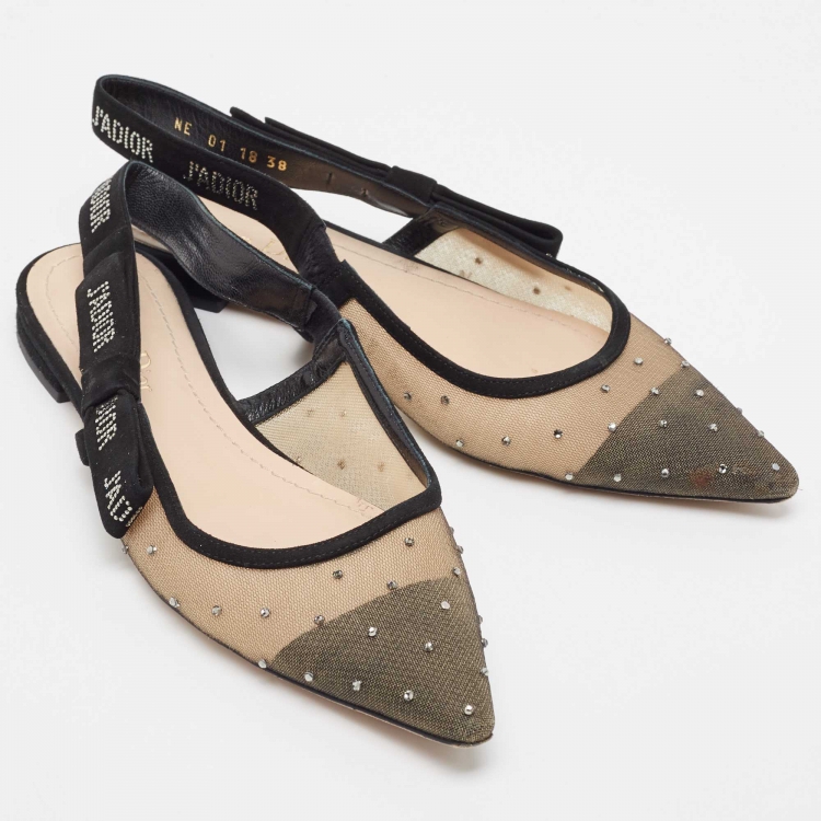 Pre Owned Dior Beige/Black Mesh and Suede J'Adior Slingback Flats Size 38