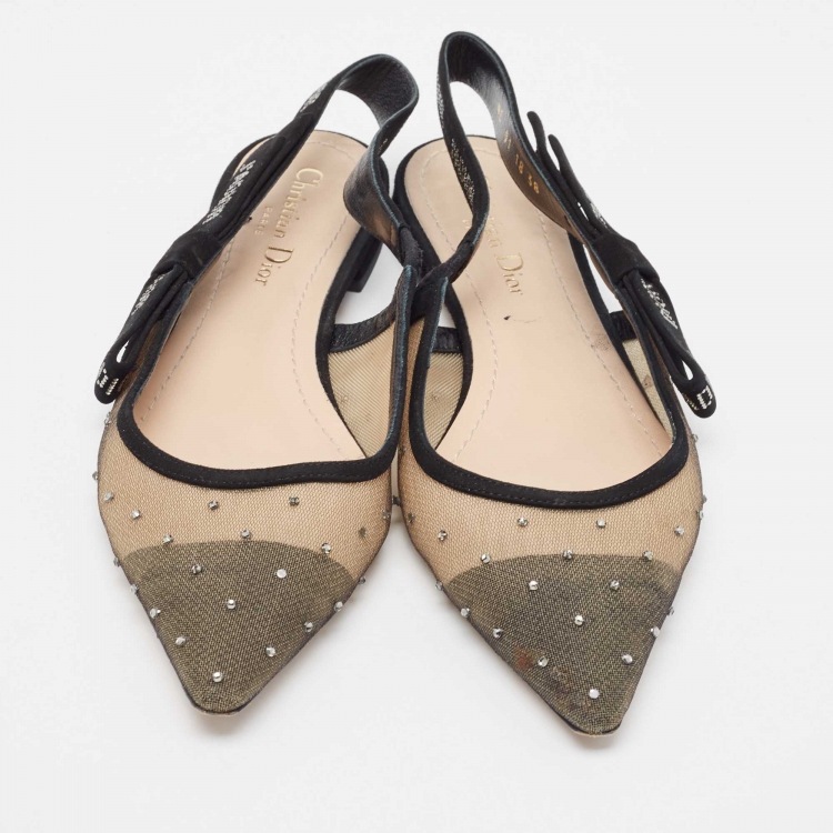 Pre Owned Dior Beige/Black Mesh and Suede J'Adior Slingback Flats Size 38