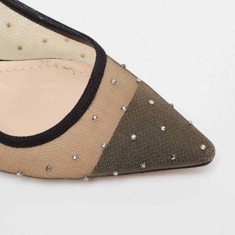 Pre Owned Dior Beige/Black Mesh and Suede J'Adior Slingback Flats Size 38