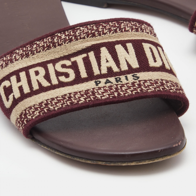Pre Owned Dior Burgundy/White Leather and Canvas Dway Flat Slides Size 38  