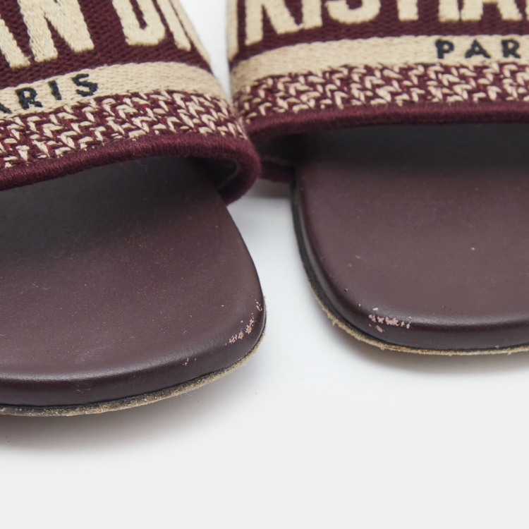 Pre Owned Dior Burgundy/White Leather and Canvas Dway Flat Slides Size 38  