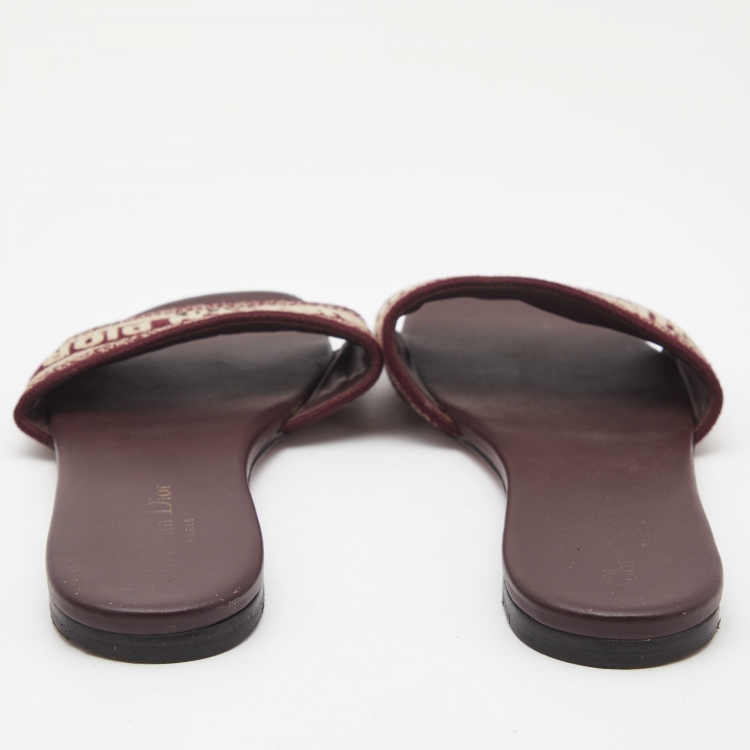 Pre Owned Dior Burgundy/White Leather and Canvas Dway Flat Slides Size 38  