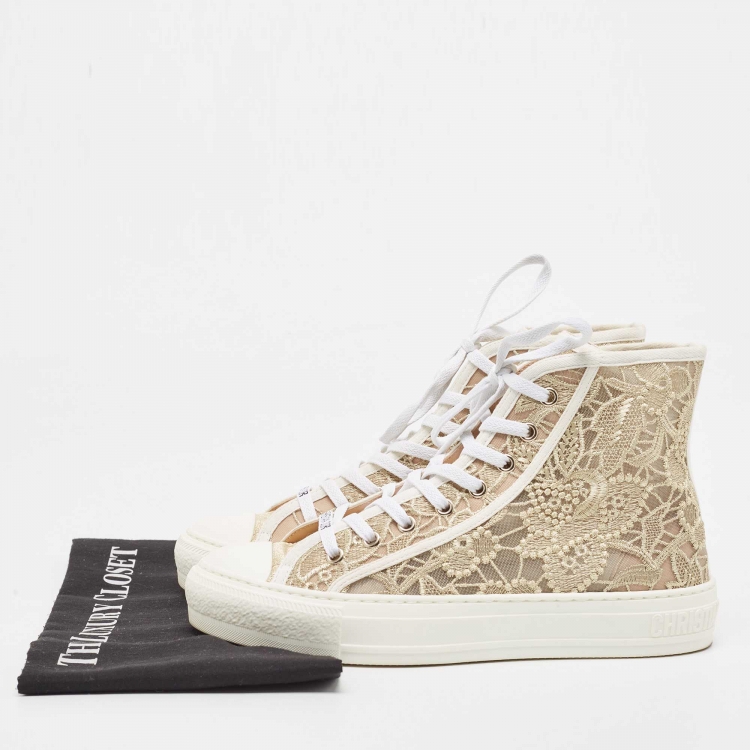 Pre Owned Dior Gold/White Lace and Rubber Walk'n'Dior Sneakers Size 38.5