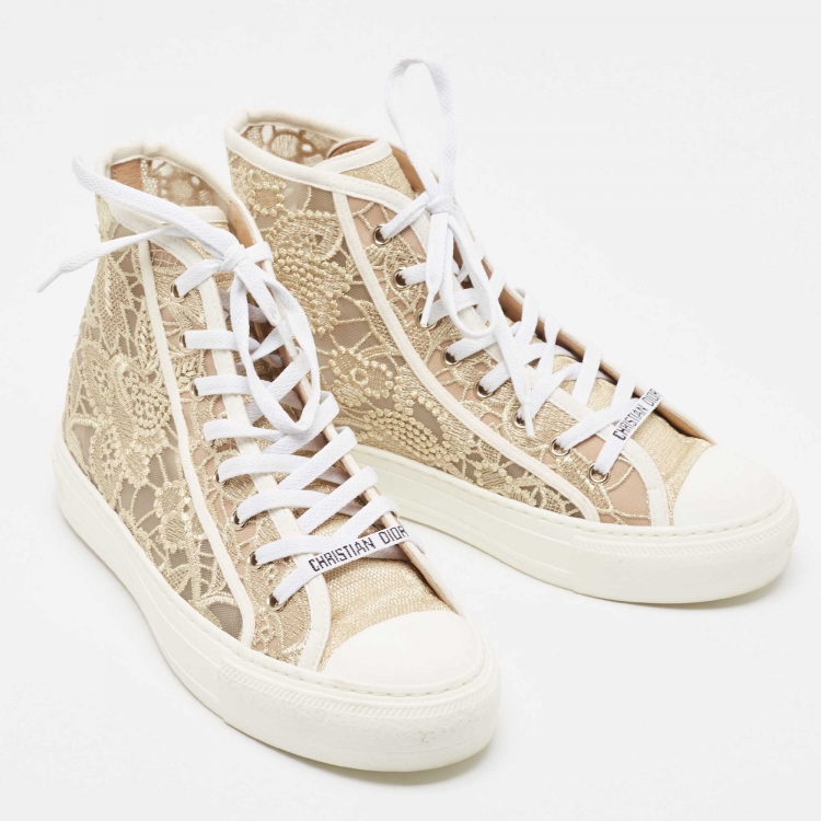 Pre Owned Dior Gold/White Lace and Rubber Walk'n'Dior Sneakers Size 38.5