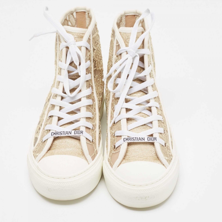 Pre Owned Dior Gold/White Lace and Rubber Walk'n'Dior Sneakers Size 38.5