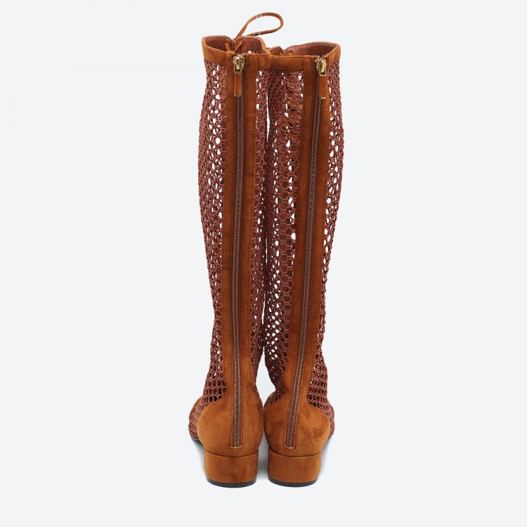 Pre Owned Christian Dior Brown Suede and Mesh Accents Knee Boots Size 40.5