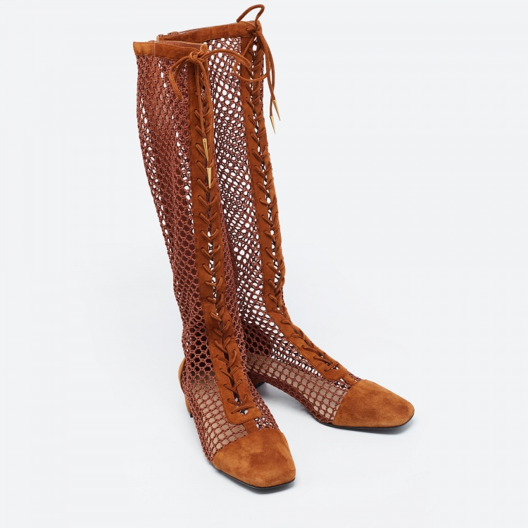 Pre Owned Christian Dior Brown Suede and Mesh Accents Knee Boots Size 40.5