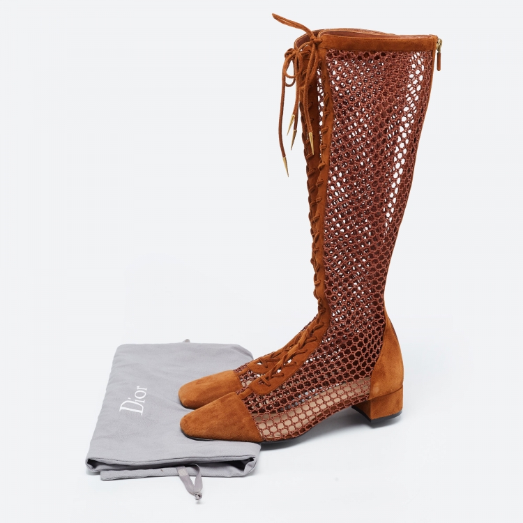 Pre Owned Christian Dior Brown Suede and Mesh Accents Knee Boots Size 40.5