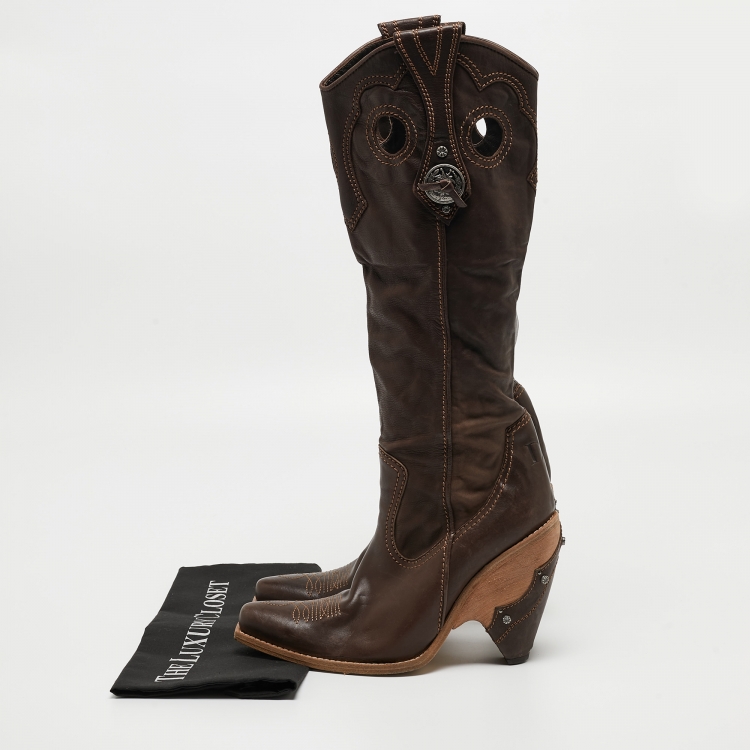Pre Owned Dior Brown Leather Knee Length Cowboy Boots Size 39.5