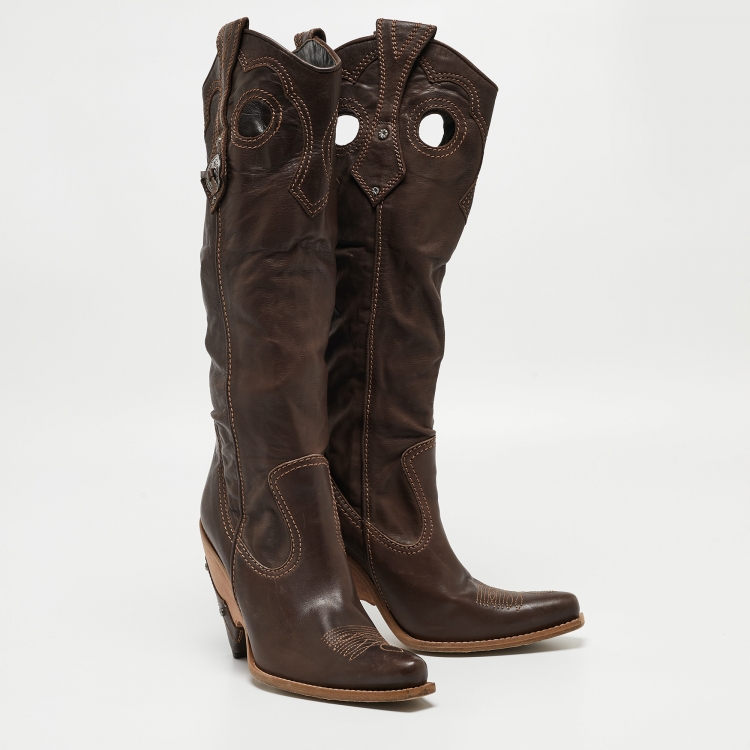 Pre Owned Dior Brown Leather Knee Length Cowboy Boots Size 39.5