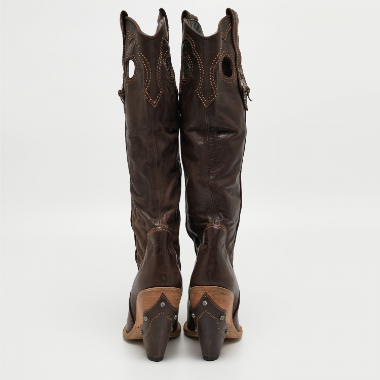 Pre Owned Dior Brown Leather Knee Length Cowboy Boots Size 39.5