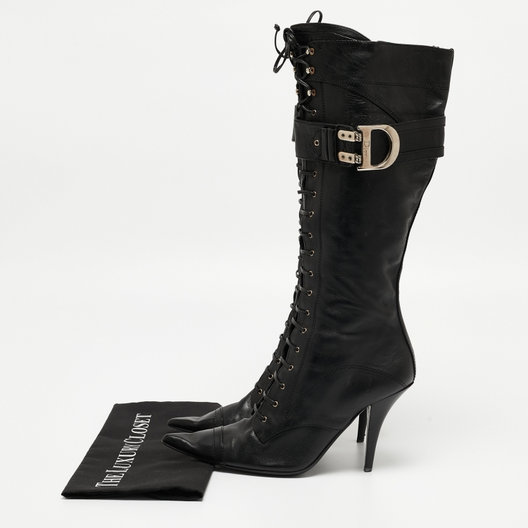 Pre Owned Dior Black Leather Lace Up Knee Length Boots Size 39