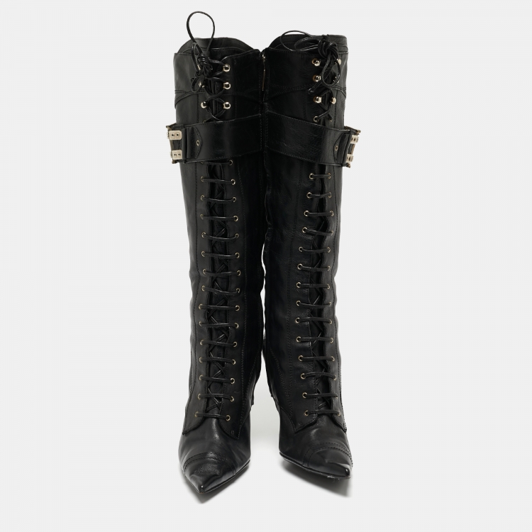Pre Owned Dior Black Leather Lace Up Knee Length Boots Size 39