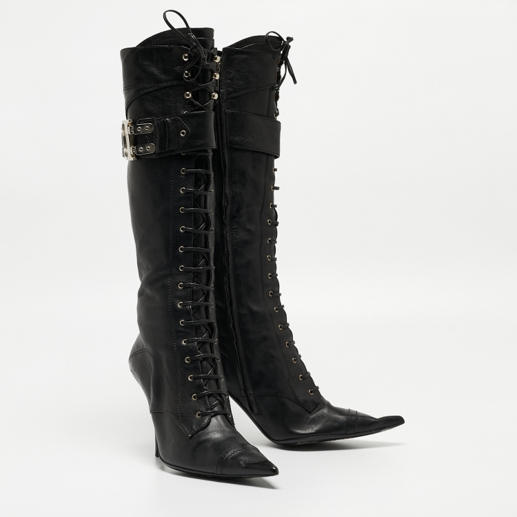 Pre Owned Dior Black Leather Lace Up Knee Length Boots Size 39