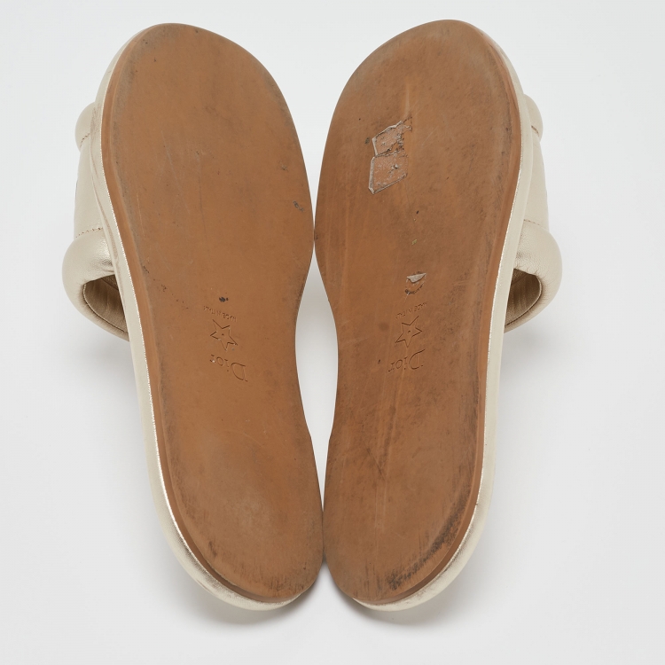 Pre Owned Dior Gold Leather Every D Slide Flats Size 38