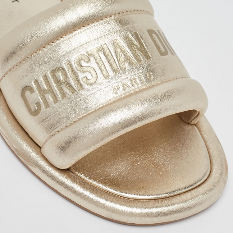 Pre Owned Dior Gold Leather Every D Slide Flats Size 38