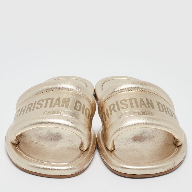 Pre Owned Dior Gold Leather Every D Slide Flats Size 38