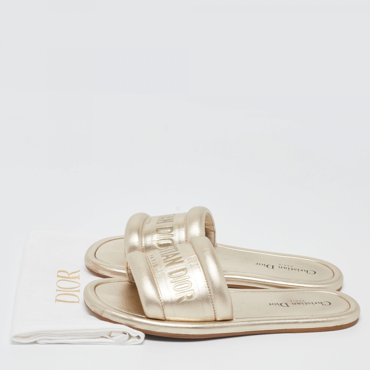 Pre Owned Dior Gold Leather Every D Slide Flats Size 38
