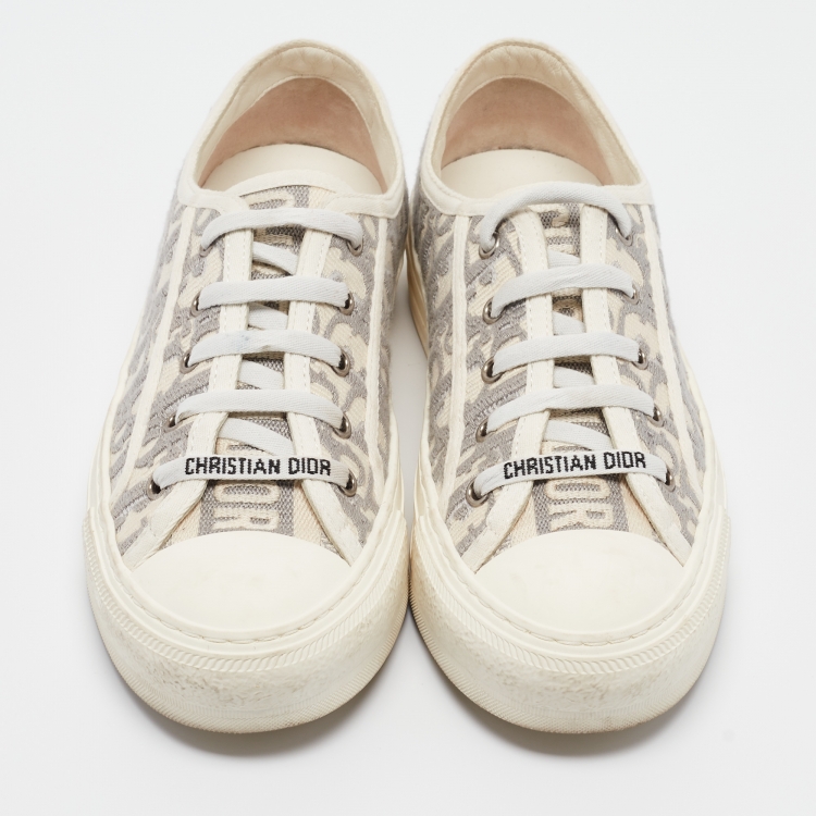 Pre Owned Dior Grey/Cream Canvas Walk'n'Dior Sneakers Size 37.5