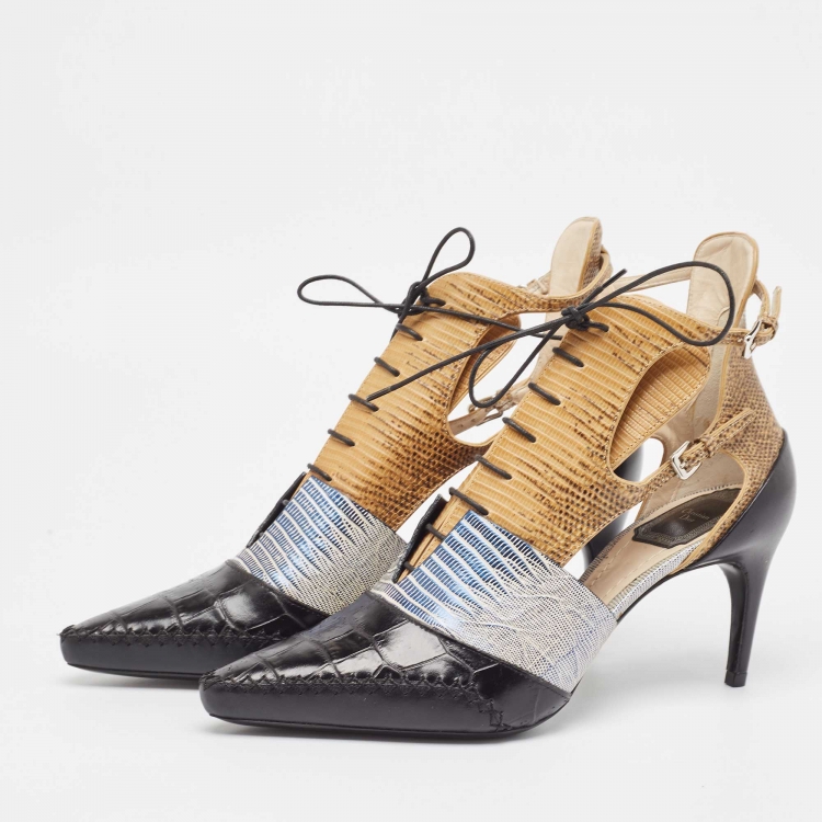 Pre Owned Dior Tricolor Lizard Embossed and Croc Embossed Cut Out Ankle Boots Size 39