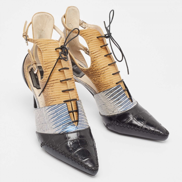 Pre Owned Dior Tricolor Lizard Embossed and Croc Embossed Cut Out Ankle Boots Size 39
