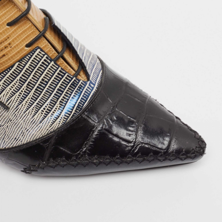 Pre Owned Dior Tricolor Lizard Embossed and Croc Embossed Cut Out Ankle Boots Size 39