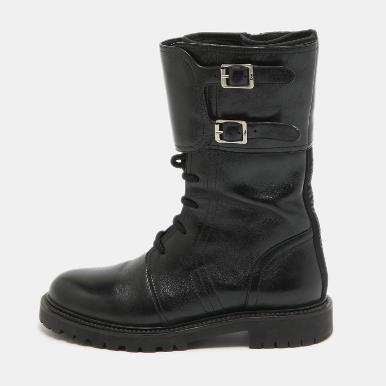 Pre Owned Dior Black Leather Buckle Detail Combat Boots Size 38